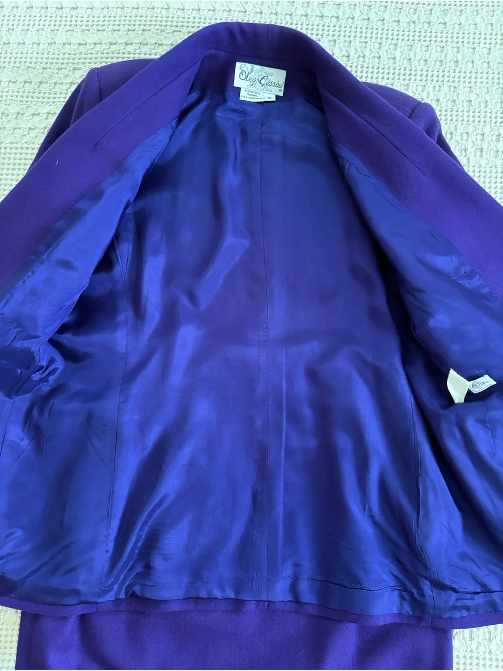 VTG 1980s Oleg Cassini Wool Purple Power Suit Double-Breasted Blazer & Skirt Set